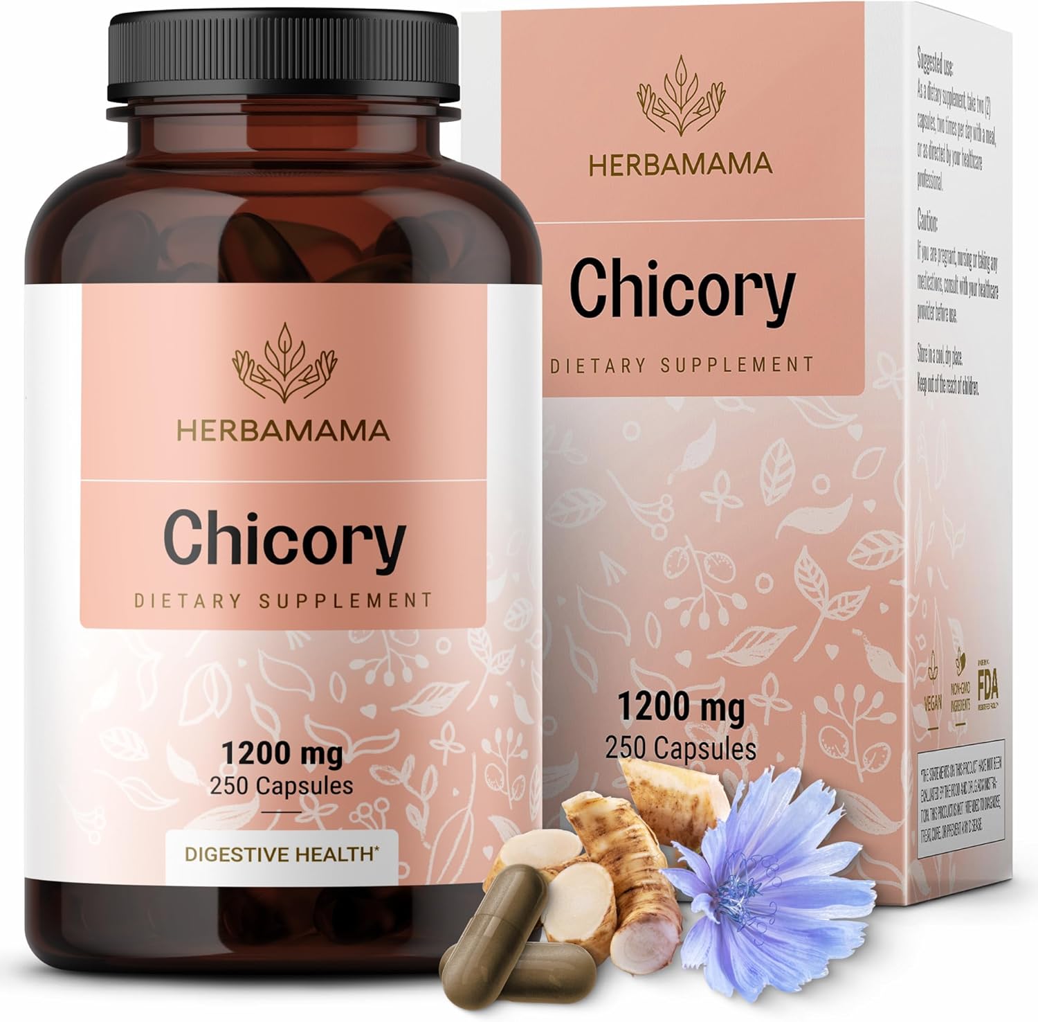 HERBAMAMA Chicory Root Fiber Capsules - 1200mg Chicory Root Powder for Gut Cleanse & Digestive Support - Vegan, Non-GMO Inulin Prebiotic Fiber Supplement, 250 Caps