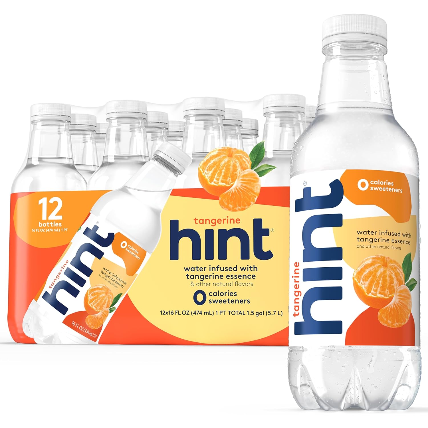Hint Fruit-Infused Bottled Water, Tangerine - Sugar Free Flavored Water with Zero Calories, Naturally Flavored, and No Artificial Sweeteners - 16 Fl Oz (Pack of 12)