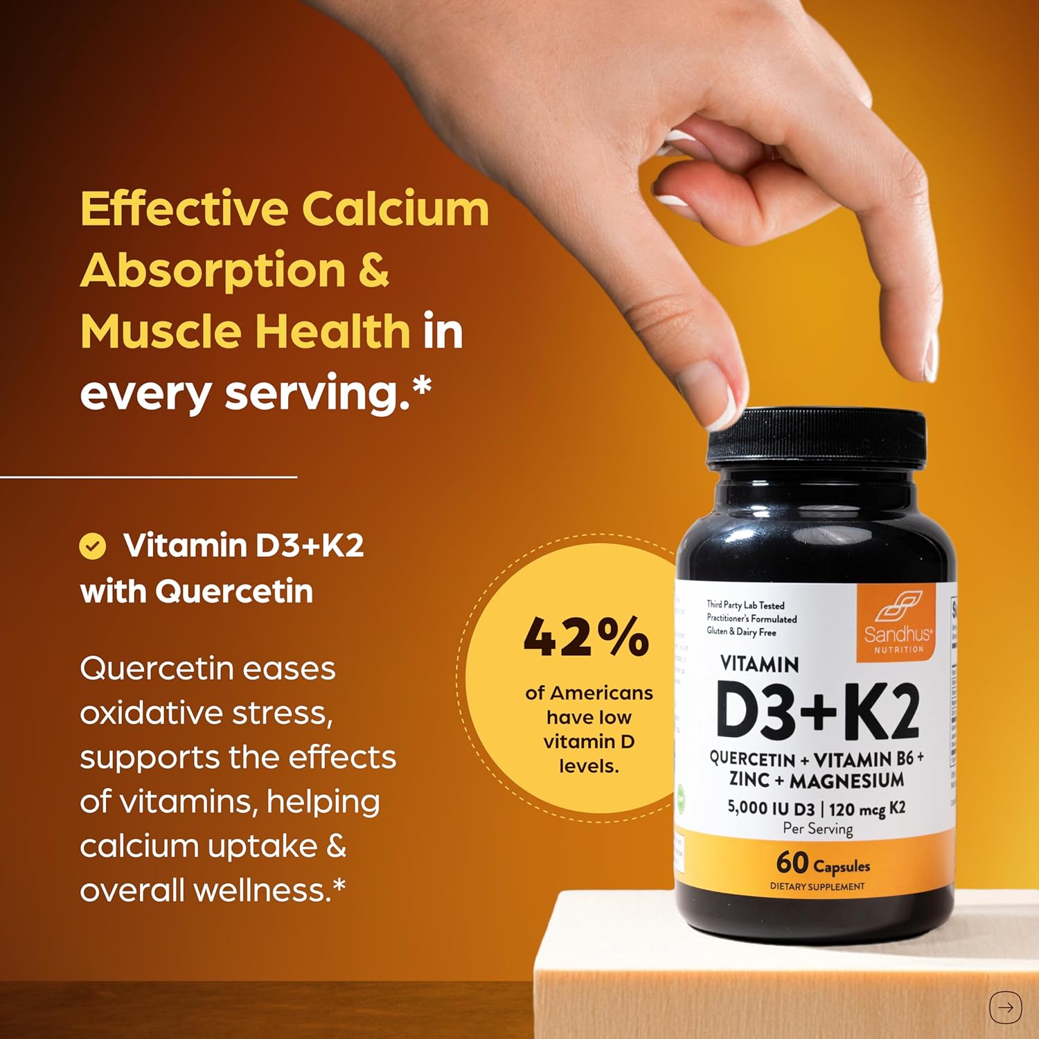 Sandhu's Vitamin D3 K2 Magnesium 5000 IU, 120mcg K2 Capsules 60 Count (Pack of 1) | with VIT B6, Zinc & Quercetin | D3K2 Supports Superior Absorption, Energy, Immune, Muscle Health for Men & Women