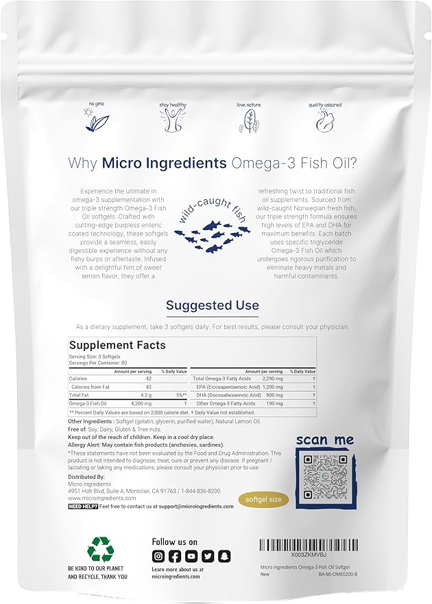 Micro Ingredients Triple Strength Omega 3 Fish Oil Supplements 4,200mg Per Serving, 240 Softgels – Lemon Flavored – Burpless | EPA 1,200mg + DHA 900mg | Deep Sea Fish