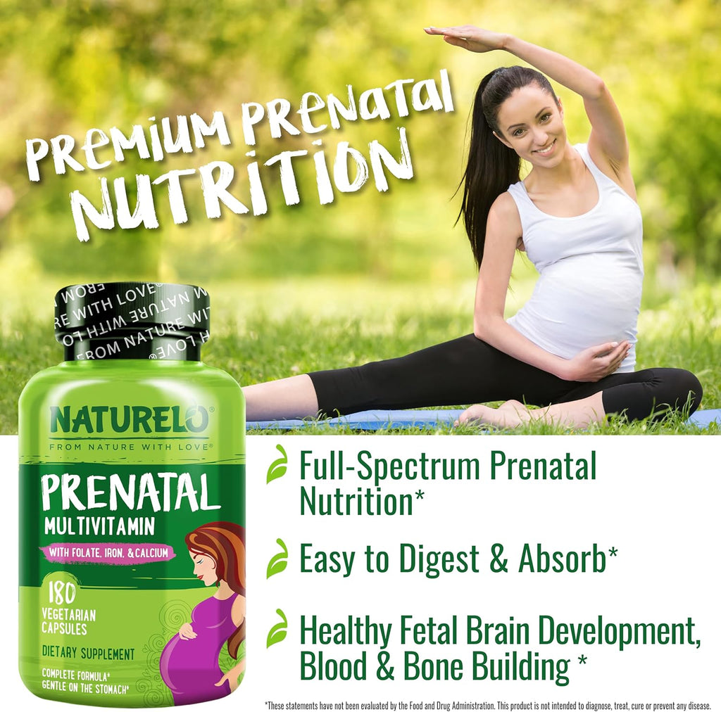 NATURELO Prenatal Multivitamin with Gentle Chelated Iron, Methyl Folate, Plant Calcium & Choline - Vegan, Vegetarian - Non-GMO - Gluten Free - 180 Capsules - 4 Month Supply (Pack of 2)