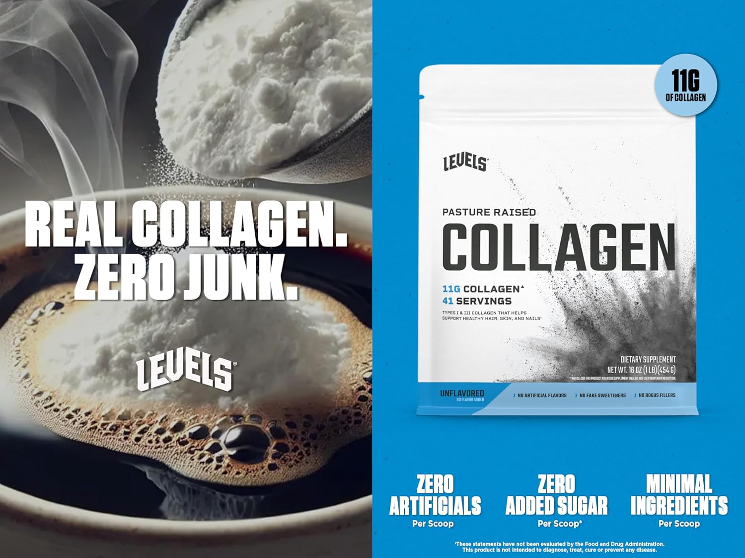 Levels Collagen Peptides, No Artificial Ingredients, 11G of Collagen, Unflavored, 1LB