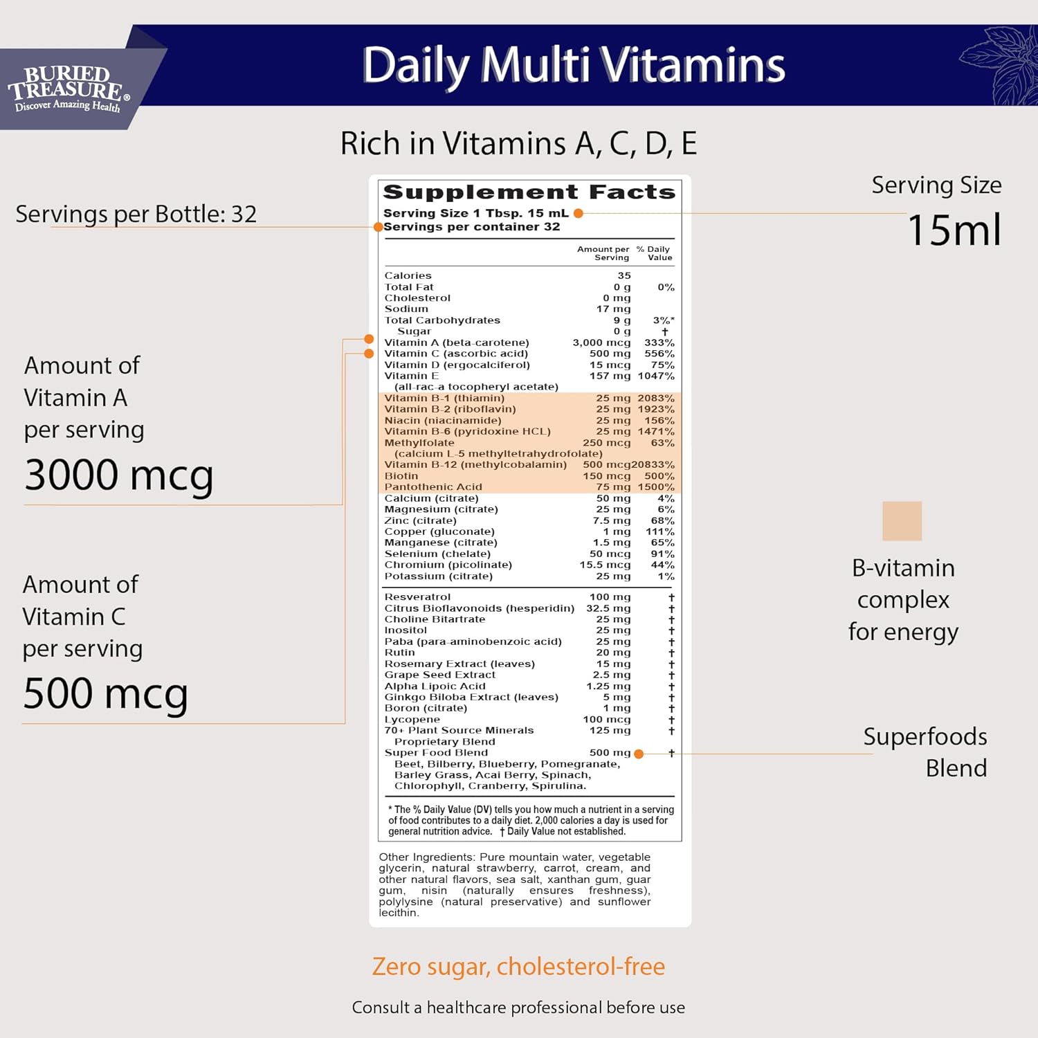 Buried Treasure Daily Nutrition Liquid Multivitamin and Mineral Supplement with Trace Minerals, Superfoods, Vitamin A, B-Complex, C, D, E, Methylfolate, Biotin, Magnesium, Zinc, Resveratrol, 32 serv