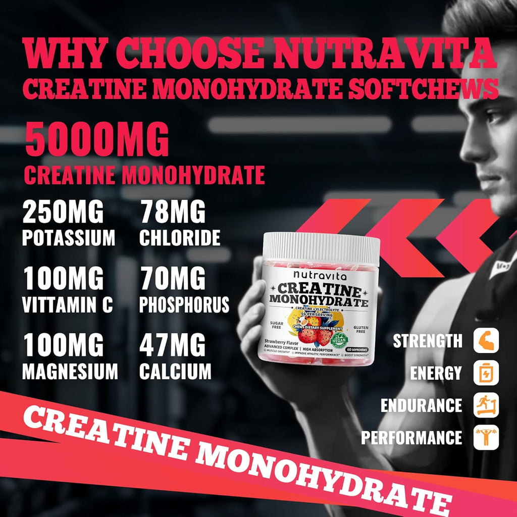 Creatine Monohydrate Chews (5g) – Pre-Workout Energy & Muscle Growth Support for Men & Women | Strawberry Electrolyte Gummies (60 Count)
