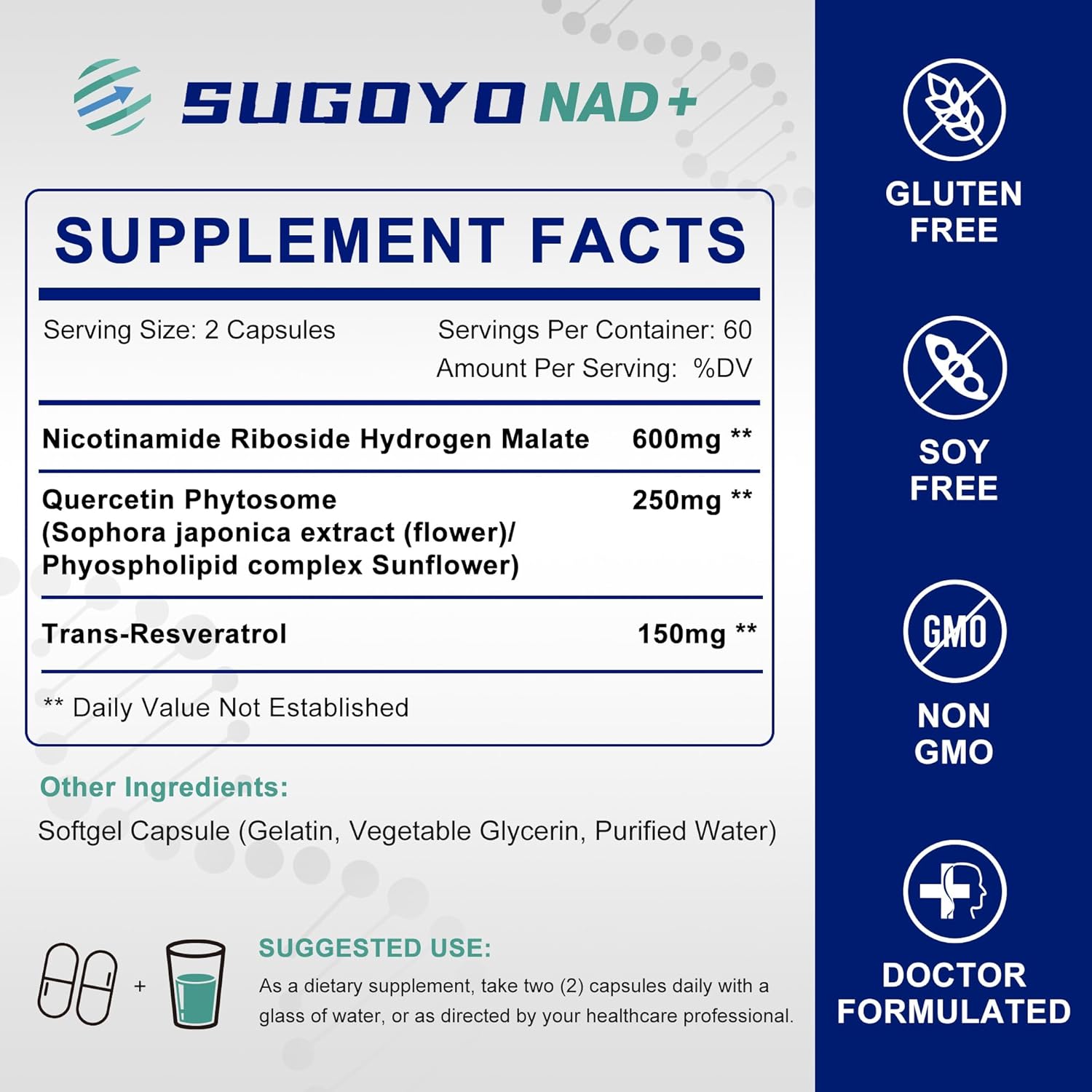 NAD+ Supplement 1000mg Liposomal Nicotinamide Riboside Enhanced with Resveratrol & Quercetin, Anti-Aging & Energy Boost, NMN Alternative, NAD Supplement for Women & Men (60 Count (Pack of 1))