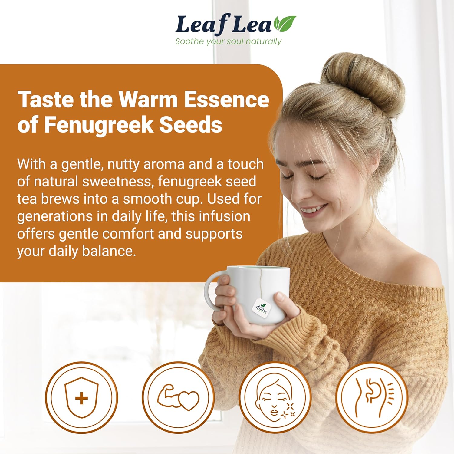 LeafLea 40 Natural Fenugreek Seed Tea Bags, 100% Pure from Fenugreek Seeds, Herbal Tea Infusion, Fenogreco Tea with Distinct Aroma and Smooth Flavor, Caffeine-Free, Individually Wrapped for Freshness