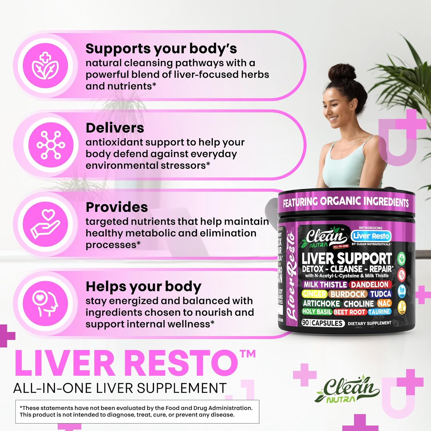Clean Nutra Liver Cleanse Detox & Repair Supplement Milk Thistle, NAC, TUDCA, Dandelion Root, Artichoke, Choline, Ginger, Beet Root, Burdock, Taurine, Liver Resto 90 Capsules