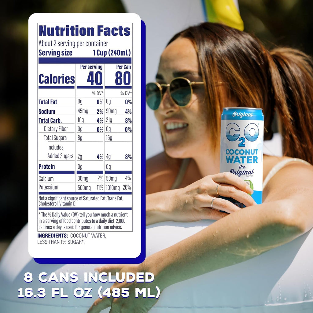 C2O - Coconut Water, The Original Flavor (8 Pack) - Made with Fresh Coconut Water - Plant Based - Non GMO - Canned Water - Natural Hydration, Essential Electrolytes, & Potassium - 8 Cans, 16.3 FL OZ