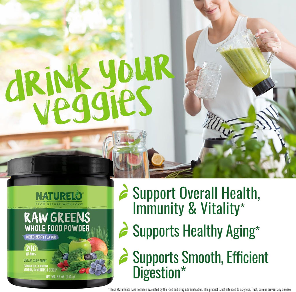 NATURELO Raw Greens Superfood Powder - Mixed Berry - Boost Energy, Detox, Enhance Health - Organic Spirulina - Wheat Grass - Whole Food Nutrition from Fruits & Vegetables - 240 Grams