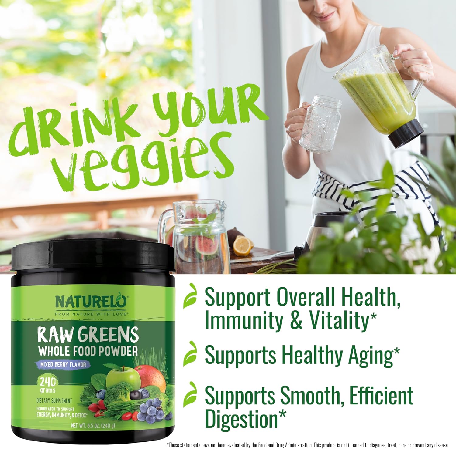 NATURELO Raw Greens Superfood Powder - Mixed Berry - Boost Energy, Detox, Enhance Health - Organic Spirulina - Wheat Grass - Whole Food Nutrition from Fruits & Vegetables - 240 Grams