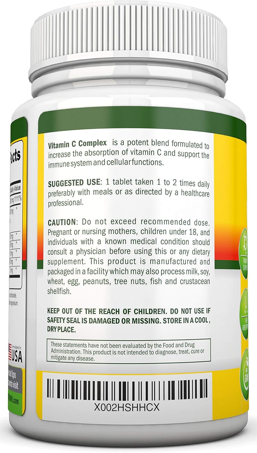 Super Vitamin C Complex - 1695Mg - 180 Tablets - With 530 mg Natural Citrus Bioflavonoids, Rose Hips, Rutin, Quercetin & Hesperidin For Increased Absorption - Advanced Immune Support - Non-GMO