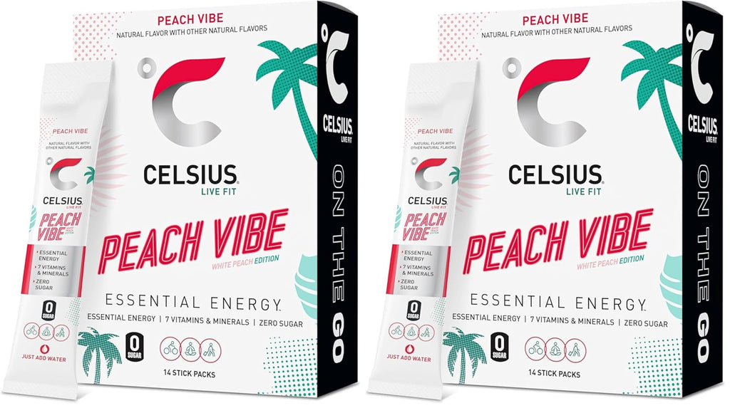 CELSIUS On The Go PEACH VIBE, Sugar Free Energy Drink Mix (14 Sticks per Pack) (Pack of 2)