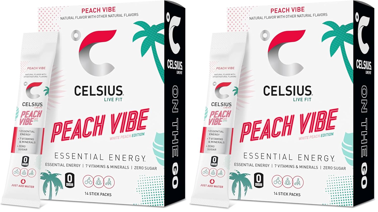 CELSIUS On The Go PEACH VIBE, Sugar Free Energy Drink Mix (14 Sticks per Pack) (Pack of 2)