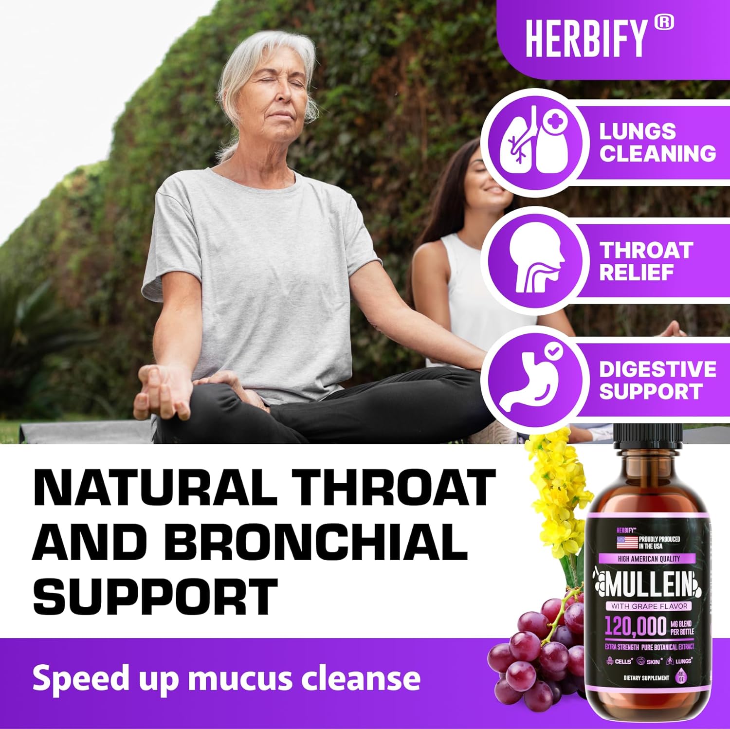 HERBIFY Mullein Drops - Lung Cleanse - Leaf Extract - Powerful Mullein for Immune Support, Detox & Respiratory Support - Made in USA - Herbal Supplements - 4 Oz Grape Flavor