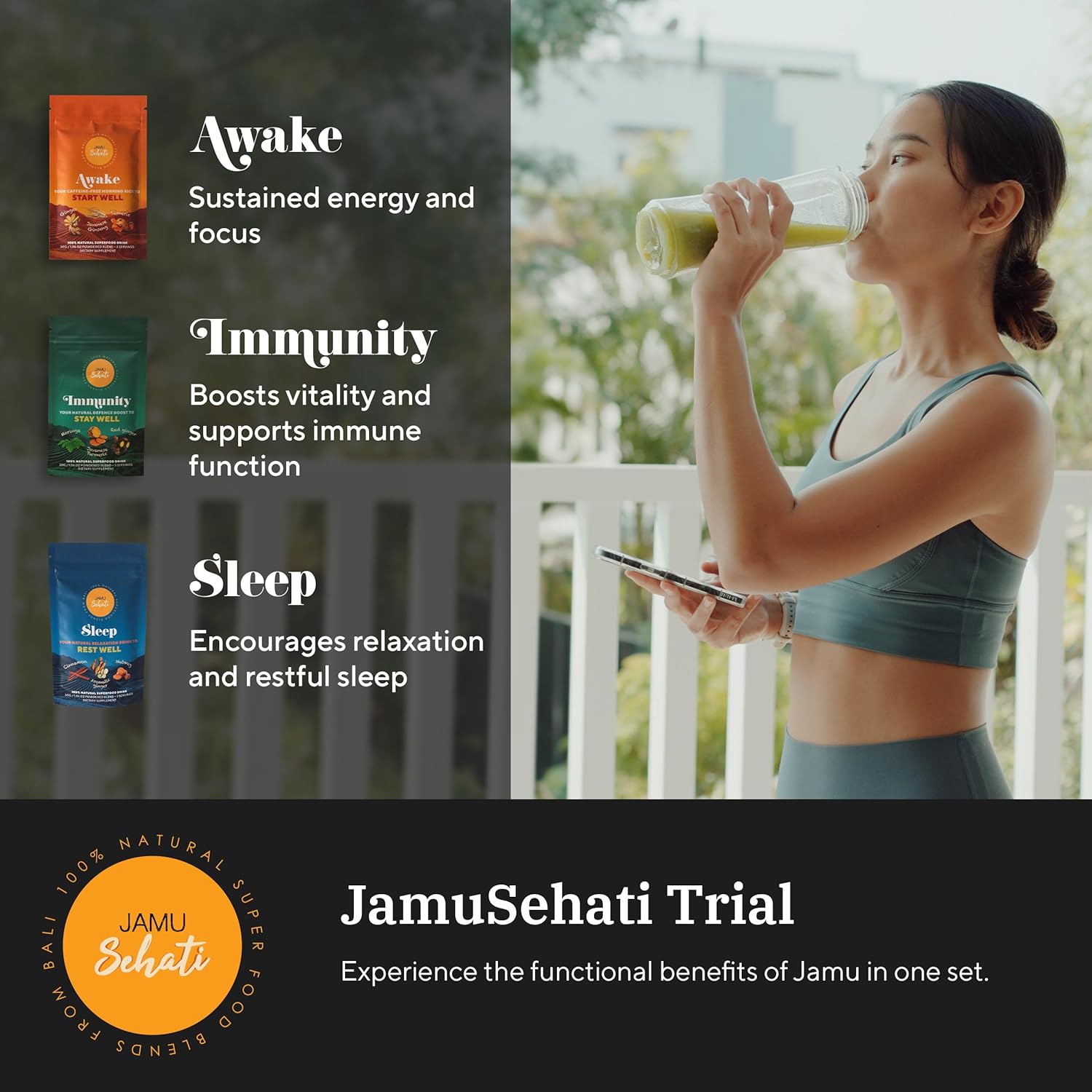 JAMUSEHATI, Variety Pack, Natural Superfoods Blend from Bali, Containing Awake, Immunity and Sleep, Pack of 3 Sachets
