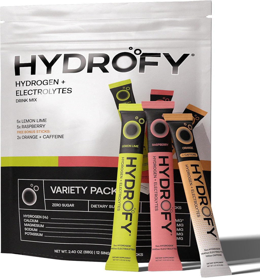 Hydrofy Hydrogen Water + Electrolytes Drink Mix - Variety Pack | H2 Hydration Packets with Molecular Hydrogen, Sodium, Potassium, Magnesium | Lemon Lime, Raspberry, Orange + Caffeine | 12 Count