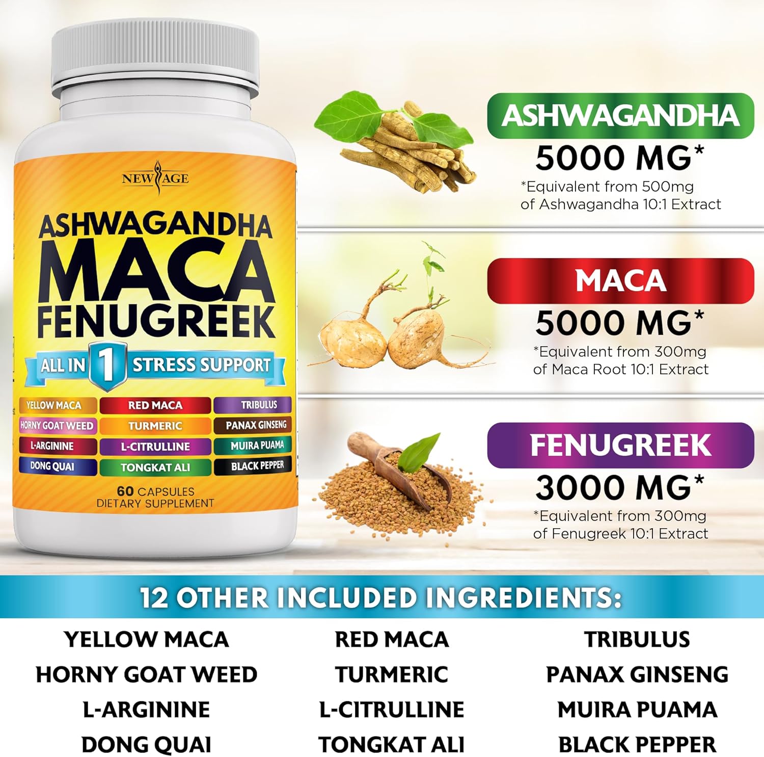 NEW AGE Ashwagandha Maca Root Fenugreek Supplement with Tongkat Ali Ginseng - Assists with Overall Health - Made in USA - 120 Count