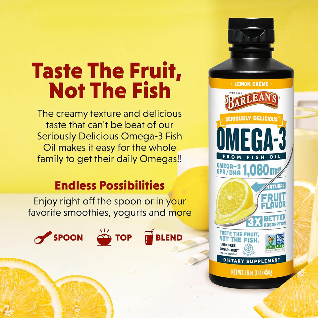 Barlean's Omega 3 Fish Oil Liquid Supplement for Men and Women, Lemon Crème, 1080mg of Omega 3 EPA and DHA Fatty Acid, 16 oz