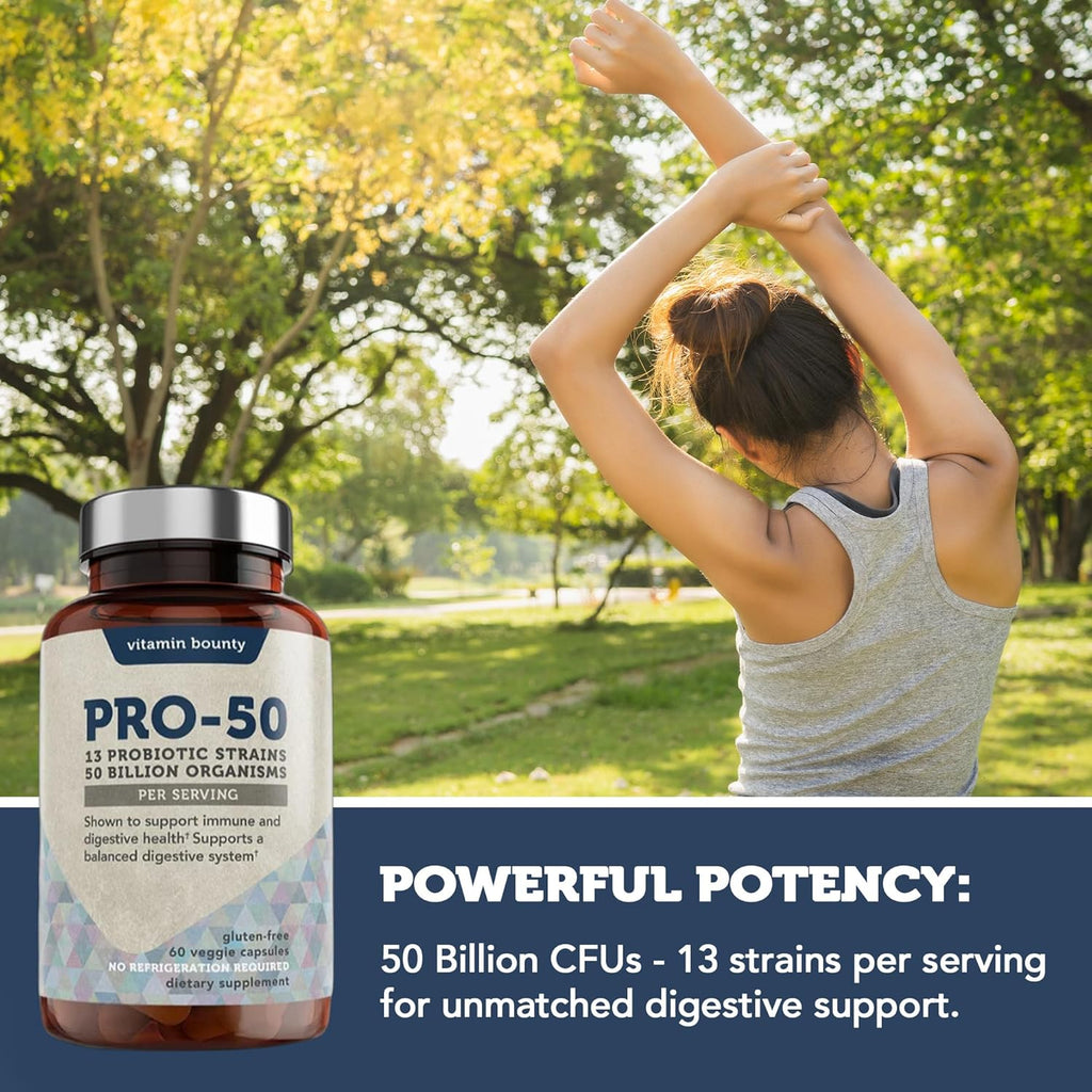 Vitamin Bounty Pro-50 Probiotics 50 Billion CFU for Women & Men - 13 Multi Strain Probiotic + Prebiotic - Digestive Health Supplements for Gut Health Support - Delayed Release Capsules for Men & Women