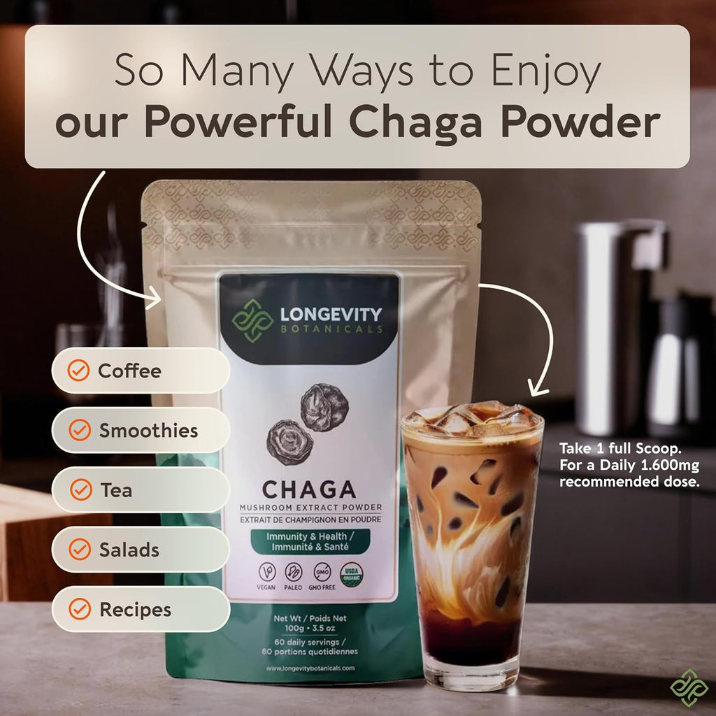 Longevity Botanicals Organic Chaga Mushroom Extract Powder 100g | Concentrated 10:1 Ratio | 100% Fruiting Bodies | Inonotus Obliquus Natural Supplement for Immune Function, Antioxidants & Vitality