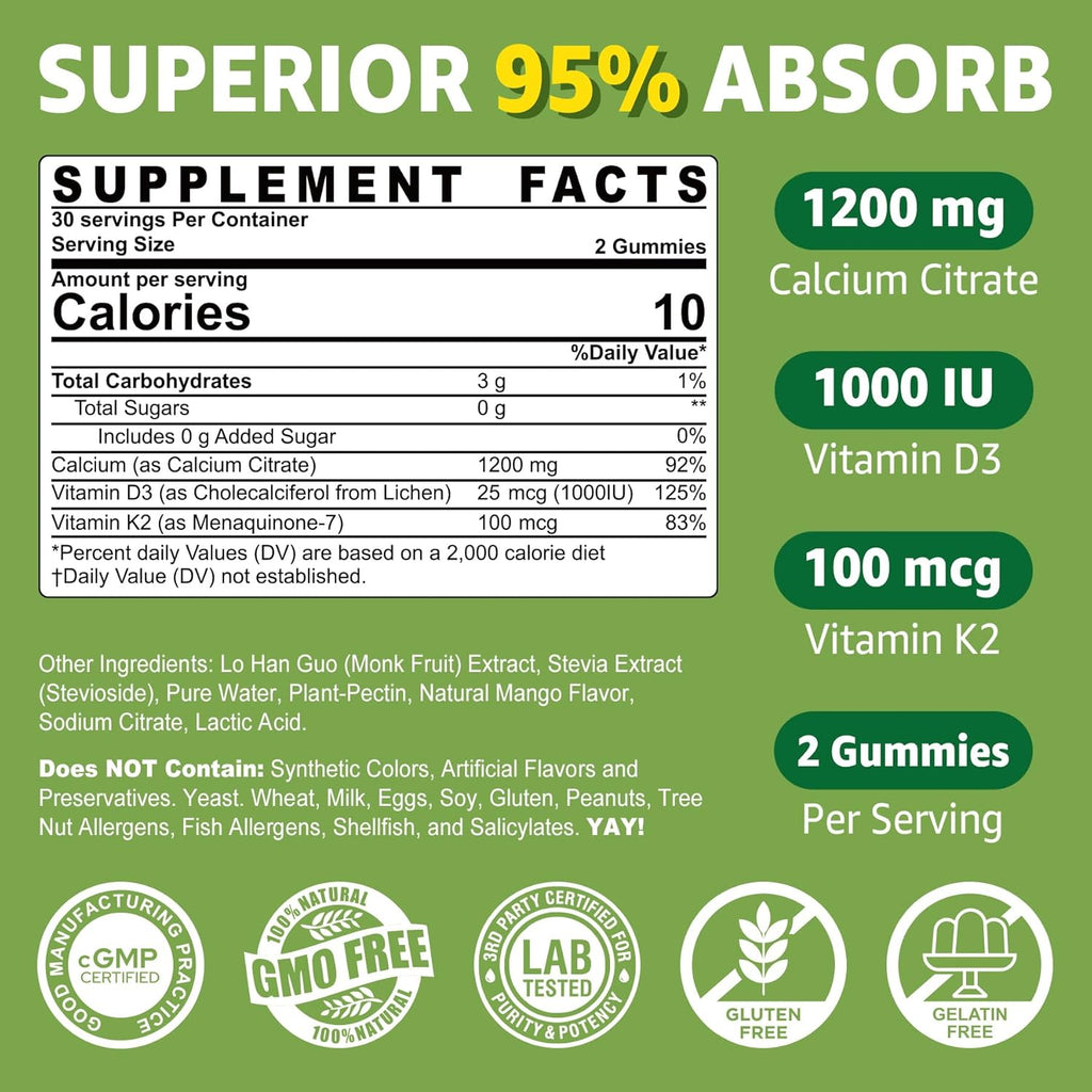 Calcium Citrate Gummies 1200mg with Vitamin D3 K2, Chewable Calcium Supplements for Women & Men, High Potency Support B0ne, Te*th, Strength & Immune Health, Mango Flavor, Non-GMO, Sugar Free, 60 Cts