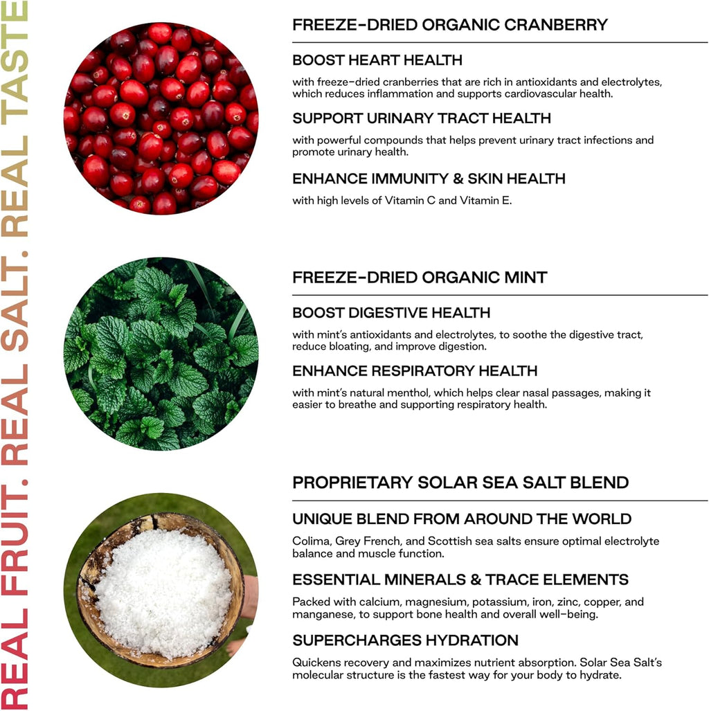 New! Purest Electrolyte Cranberry Mint Powder Packets – Whole Food Hydration - Organic Freeze-Dried Fruits and Solar Sea Salts for Ultimate Electrolyte Balance