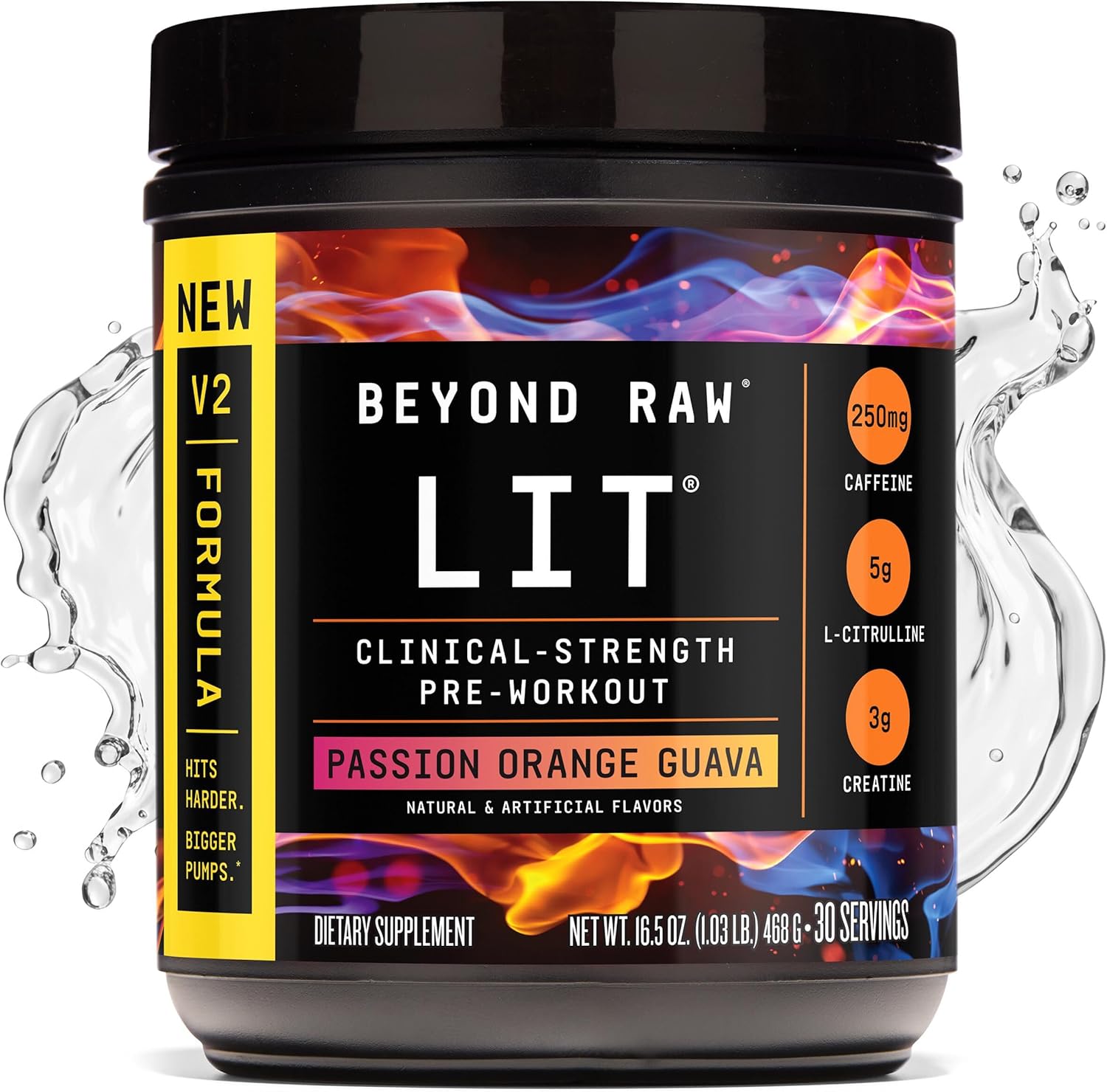 BEYOND RAW LIT V2 Clinical Strength Pre Workout Powder, Hits Harder, Bigger Pumps, Caffeine, L-Citrulline, Creatine, Passion Orange Guava, 30 Servings