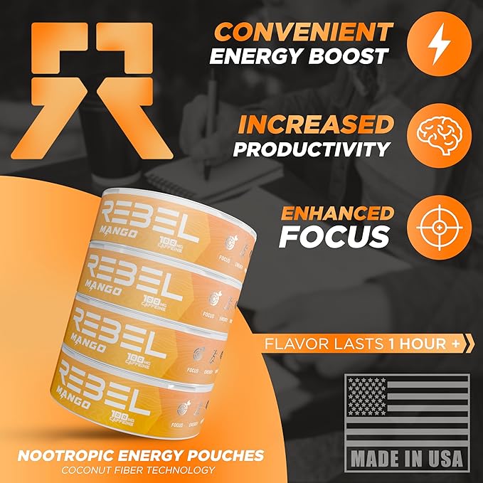 Nootropic Energy Caffeine Pouches (Mango) • 100mg Caffeine • Alpha GPC • Huperzine A & Essential Vitamins • Sugar-Free • Coconut Fiber Technology • 15 Pouches Per Can (Pack of 4)