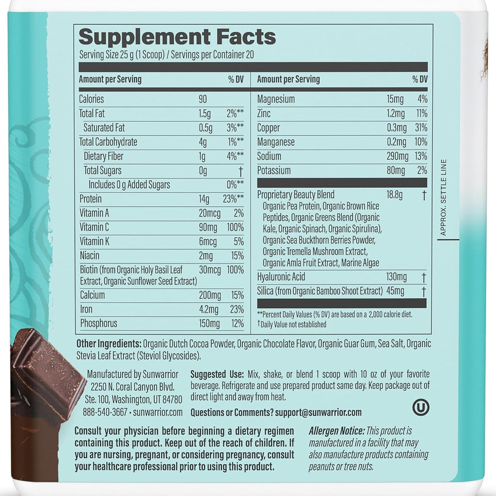 Sunwarrior Vegan Collagen Building Powder Protein Peptide with Biotin Vitamin C Hyaluronic Acid for Hair Skin Nail Dairy Free Gluten Free | Chocolate