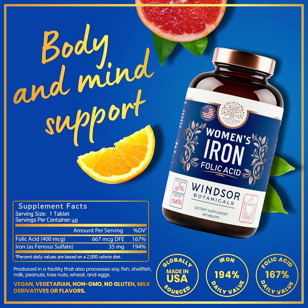 Iron and Folic Acid Supplements for Women - 35mg Gentle Iron Vitamin, Folic Acid 400mcg - Anemia, Period, Pregnancy Support Supplement, Ferrous Sulfate Pills - 60 Vegan Non-Constipating Tablets