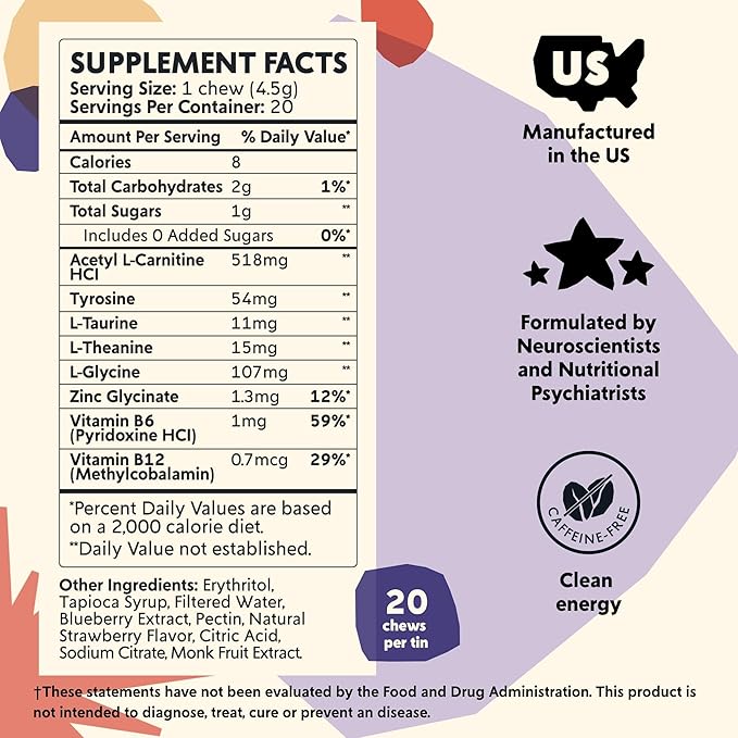 PYM Mood & Focus Chews Variety Pack, 60 Count | Berry, Citrus & Attention Chews | GABA, L-Theanine, L-Carnitine | Vegan, Non-GMO, Caffeine-Free