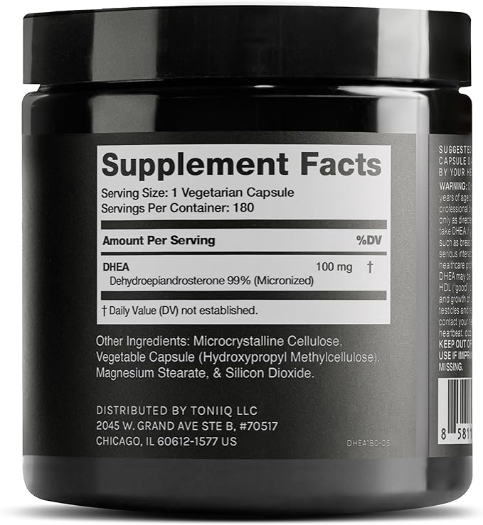 Toniiq Ultra High Strength DHEA 100mg Supplement for Men - 99%+ Highly Purified and Bioavailable Micronized DHEA Supplement for Women and Men - DHEA 100 mg - 180 Capsules