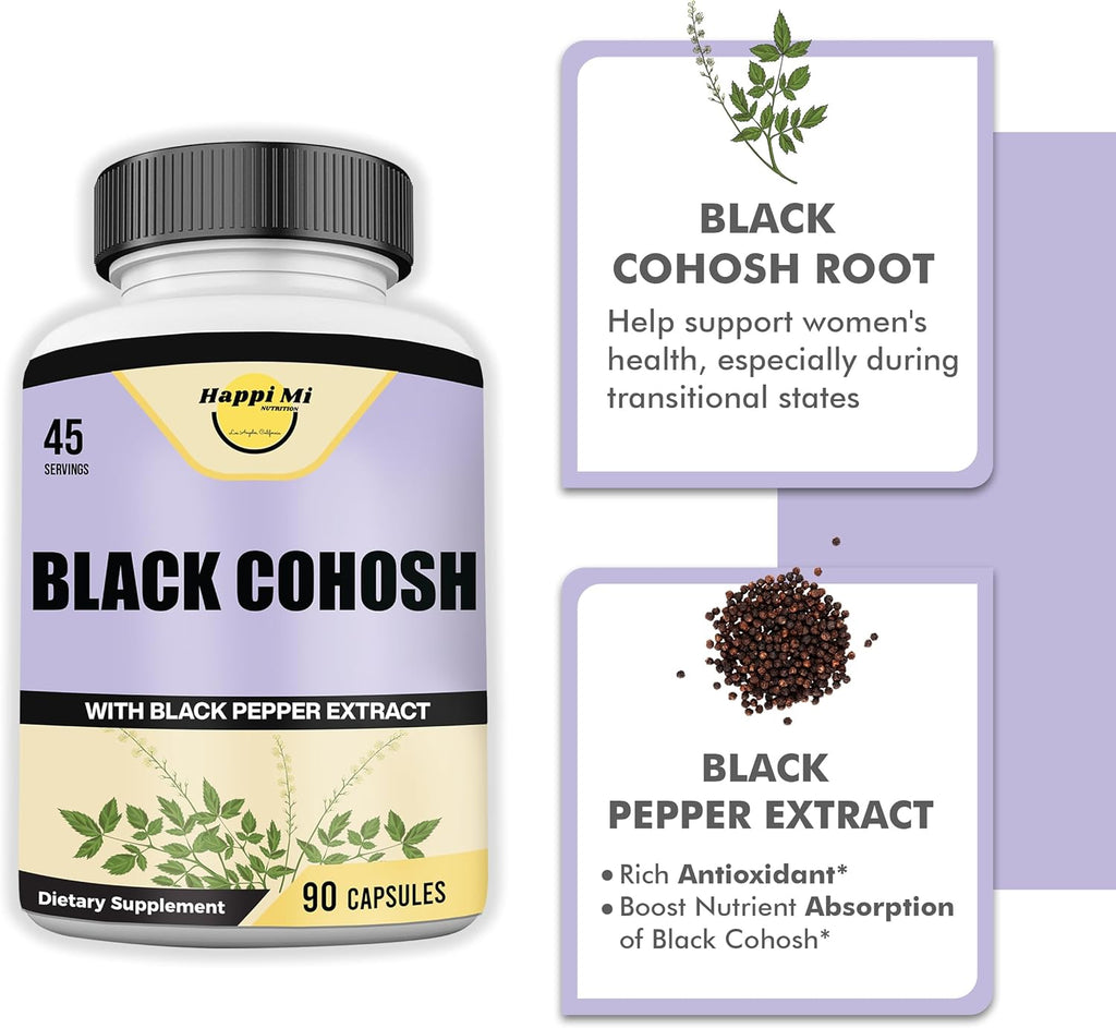Black Cohosh Made with Organic Black Cohosh Root 1300MG per Serving, Balance Hormones, Natural Menopause & Menstrual Support, Women Health Support, 90 Vegan Capsules, 45 Servings