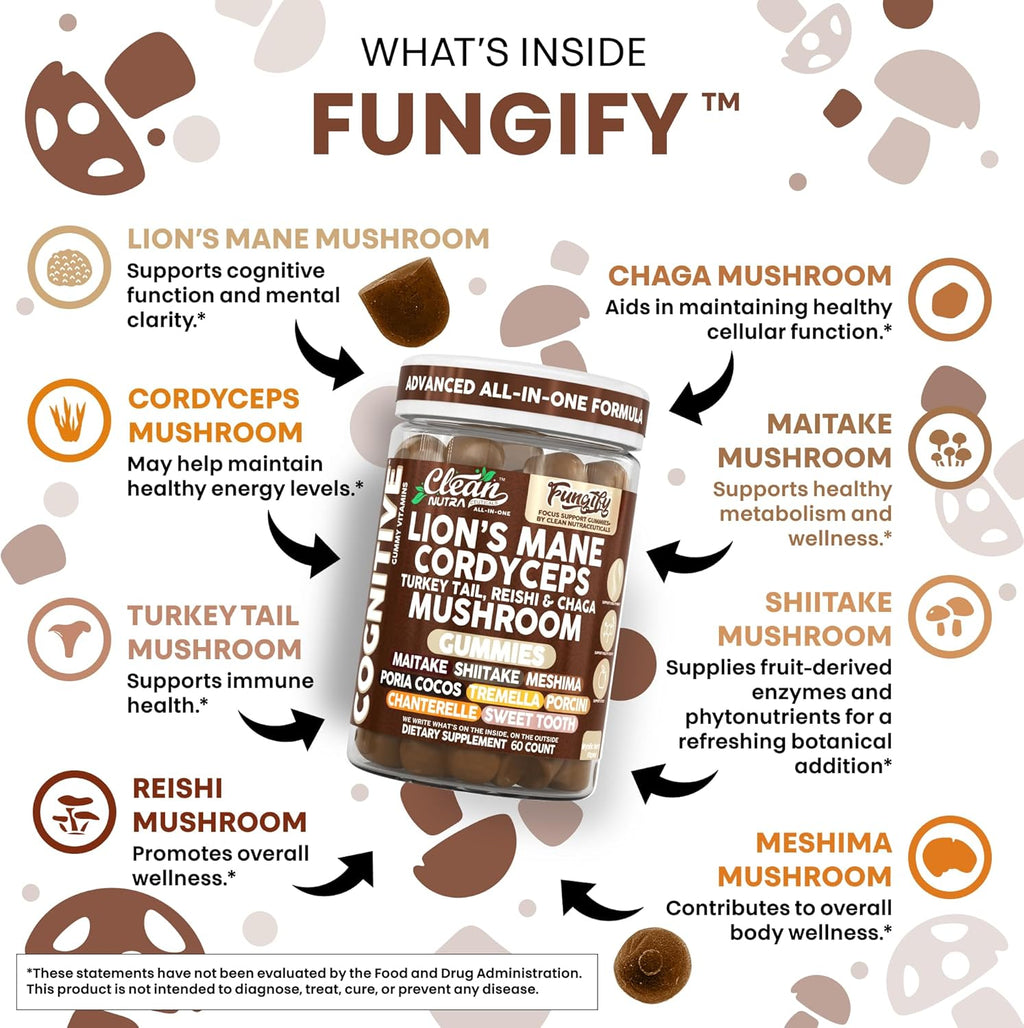 Clean Nutra Lions Mane Lion's Mane Mushroom Gummies Cordyceps Supplement for Memory and Focus Immune Support Vitamins Reishi Chaga Turkey Tail Mushrooms Gummy Shiitake Maitake Meshima Supplements