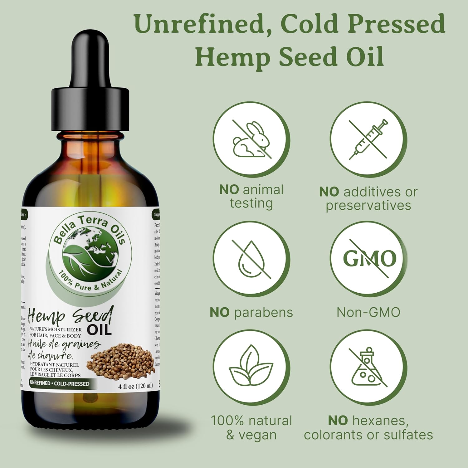 Bella Terra Oils - Hemp Seed Oil 4 oz - Cold-Pressed & Nutrient-Rich, Infused with Phytosterols, Potassium & Calcium for Skin & Hair Care