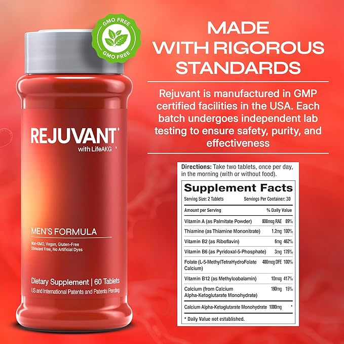 Rejuvant LifeTabs Men’s Calcium Alpha-Ketoglutarate (Ca-AKG) — Controlled-Release Tablets, 3-Pack (180 Tablets), 98% Purity