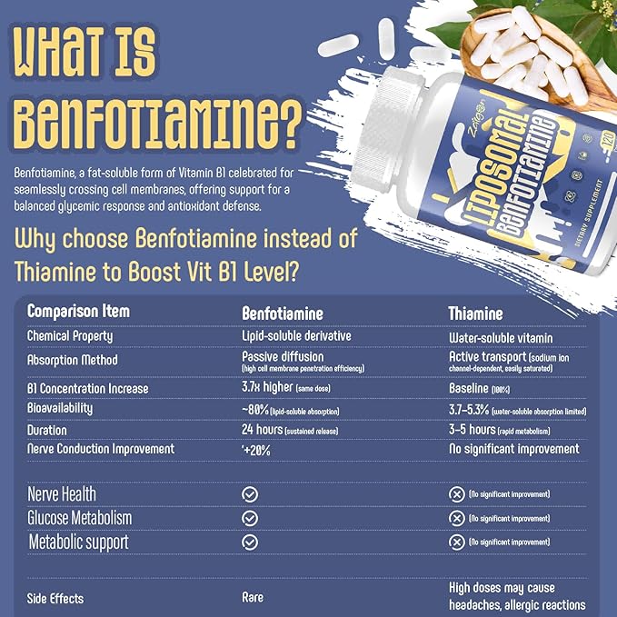 Zaigon Benfotiamine Thiamine Vitamin B1 Supplement, 600mg Liposomal Fat Soluble VIT B1 with Alpha-Lipoic Acid for Men & Women, Energy Boost, Glucose Metabolism & Nerve Support (240 Vegan Capsules)
