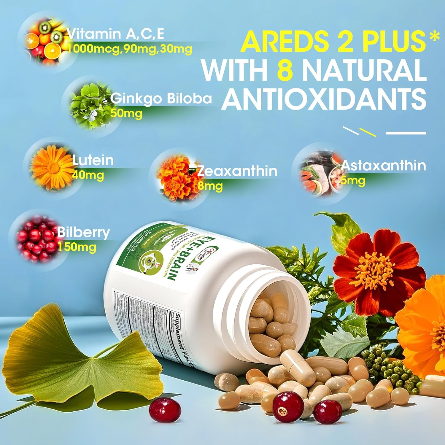 Lutein Eye Vitamins 14 in 1 Supplement Eye Vitamins for Ocular Health, Dry Eye Support, Memory & Focus Supplement, Contains Lutein, Zeaxanthin, Zinc, Vitamins A/C/E, 120 Capsules