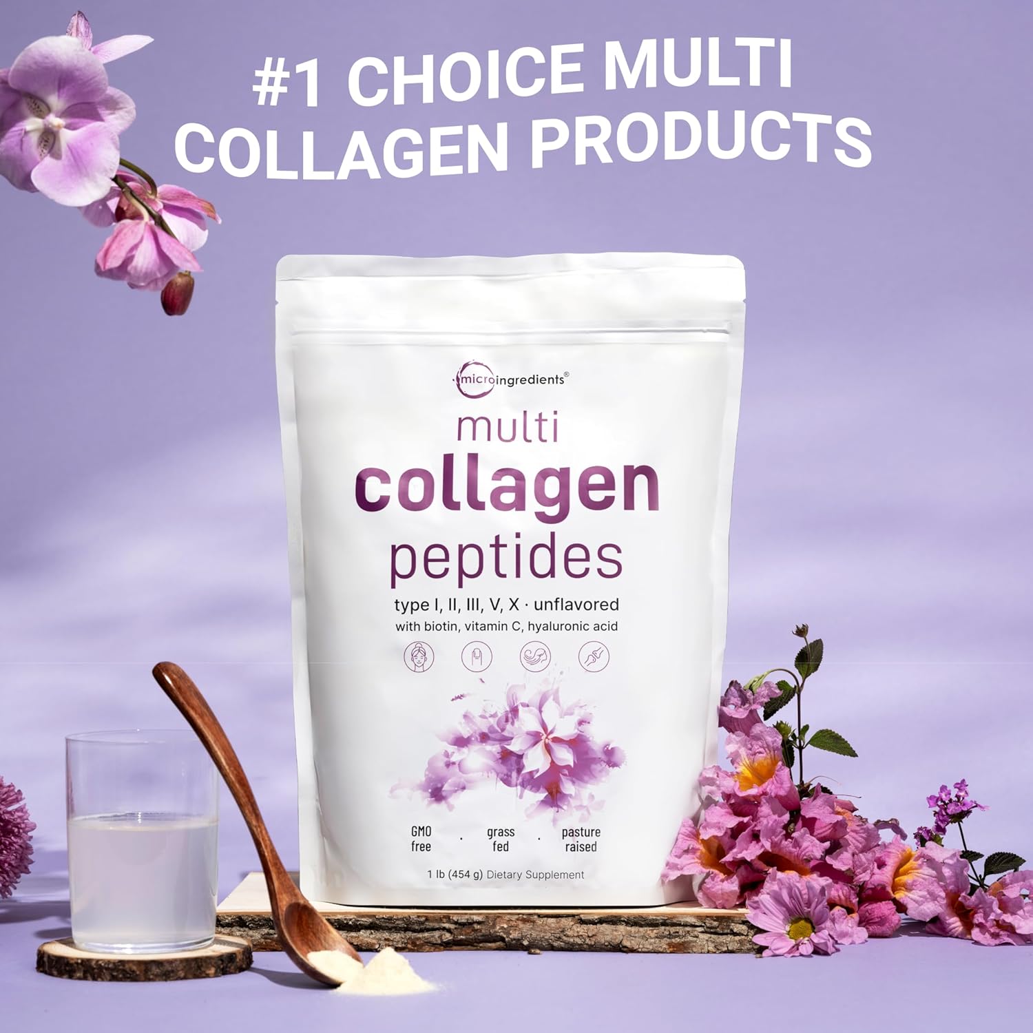 Micro Ingredients Multi Collagen Peptides Powder, 16oz | Type I, II, III, V, X + Biotin, Vitamin C & Hyaluronic Acid | Unflavored | Supports Hair, Skin & Joint Health | Keto, Non-GMO