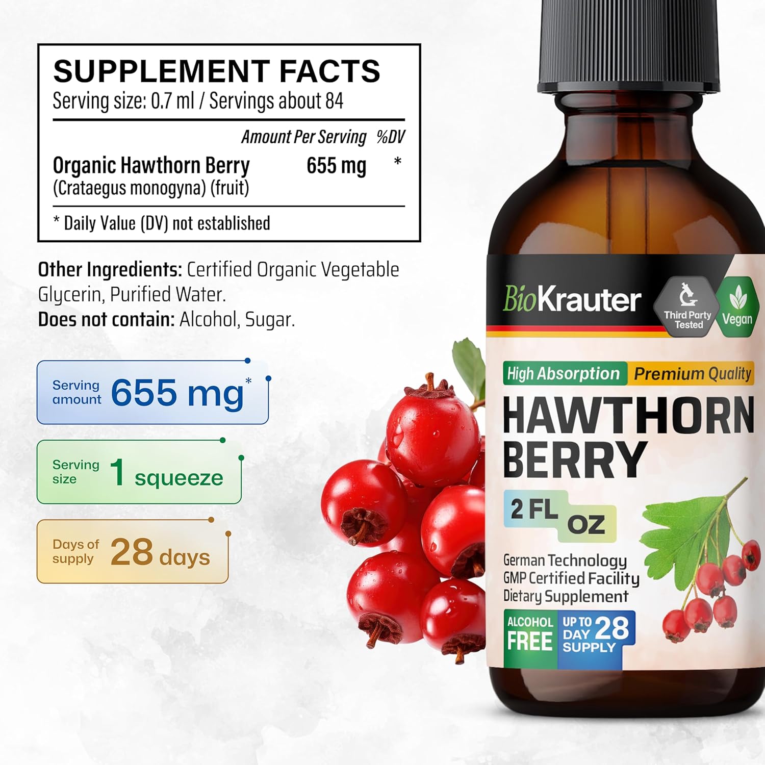 BIO KRAUTER® Hawthorne Berry Supplement - Pure Vegan Hawthorn Berry Liquid Drops 655 mg per Serving 2 Fl.Oz 28 Days of Supply - Used for Overall Support & Daily Wellness - Alcohol & Sugar Free