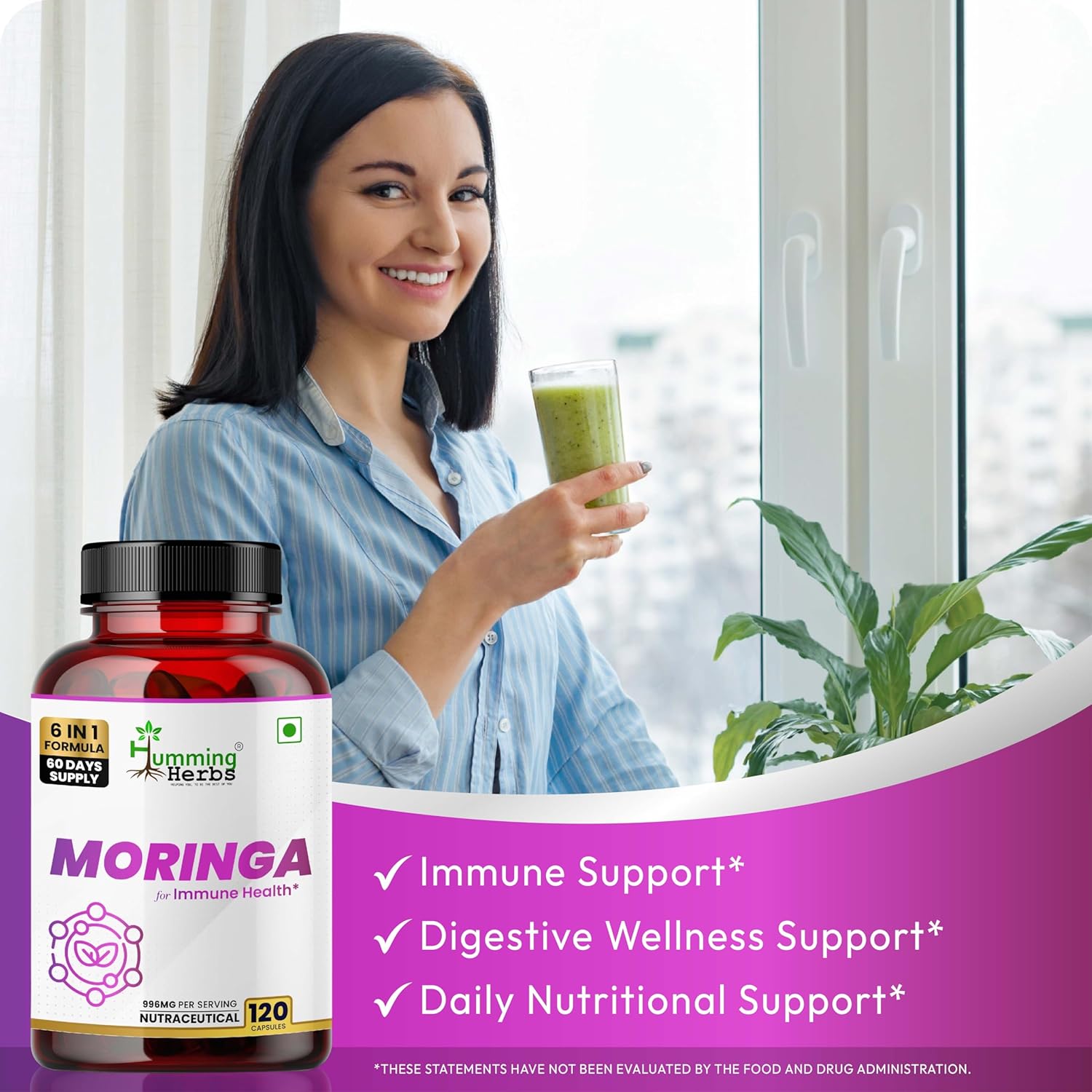 Humming Herbs Moringa Leaf Extract Complex — with Resveratrol, Astaxanthin, S-Acetyl Glutathione, Vitamin C & Folate — 998 mg per Serving — 120 Capsules (60 Days) — Antioxidant & Immune Support