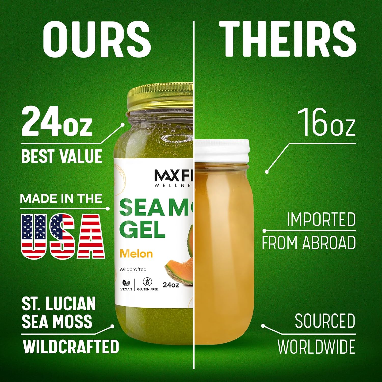 Sea Moss Gel Melon Wild-Harvested 24oz Wildсrafted Gold Sea Moss Gel from Saint Lucia | 92 Vitamins and Minerals | Vegan Superfood