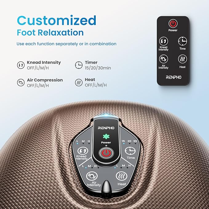 RENPHO Foot Massager Machine with Heat [2026 Upgraded], Shiatsu Foot Massager for Plantar Fasciitis, Valentines Day Gifts for Her Him, Cordless Control, Best Gifts for Women/Mom/Wife, Brown
