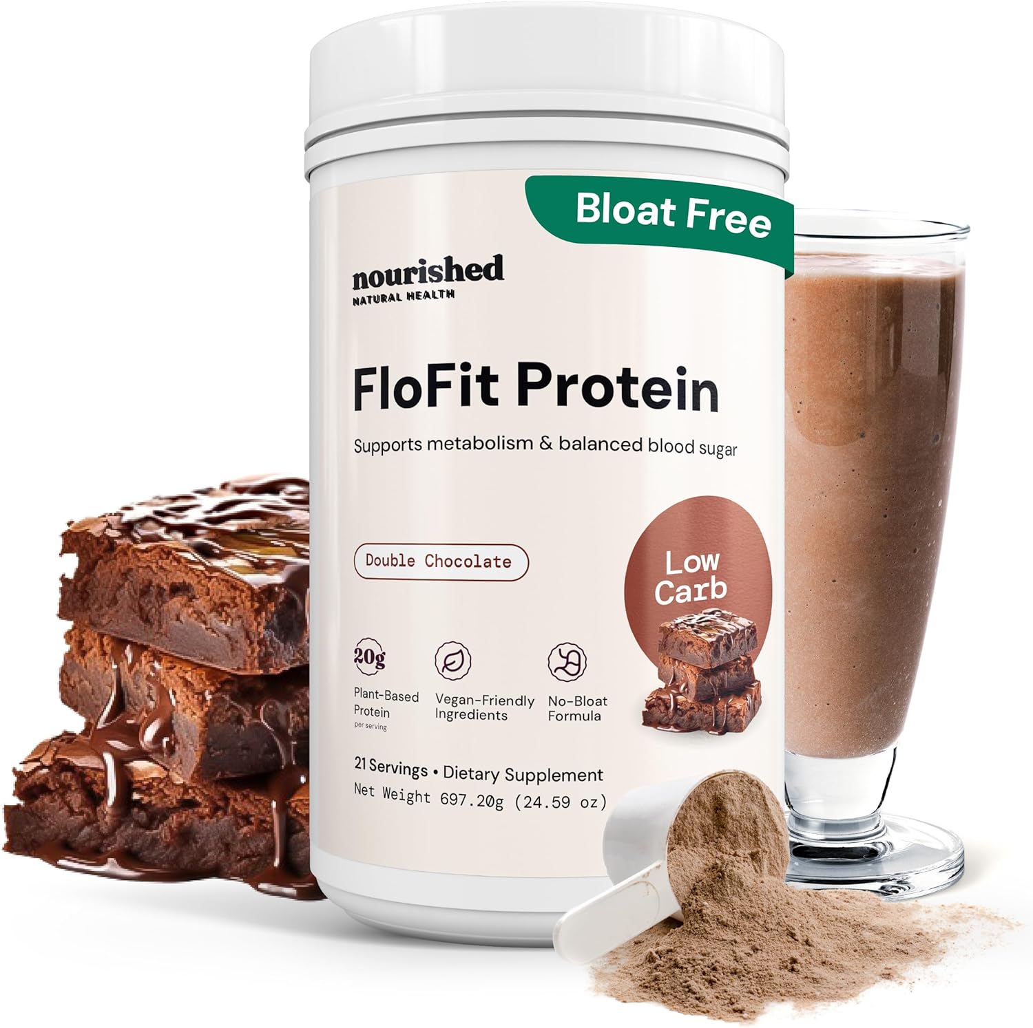 Nourished Natural Health FloFit Pea Protein Powder - Hormone Balance for Women - Vegan Plant Based Protein with Low Carbs - Acne Friendly, Cycle Friendly, Easy to Digest - Gluten-Free, Caffeine-Free