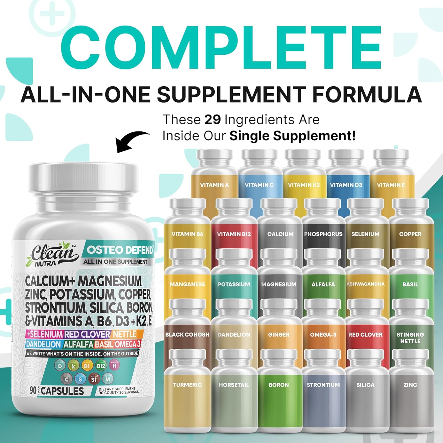 Clean Nutraceuticals Calcium Magnesium Zinc Supplement with Potassium, Copper, Strontium, Silica, Vitamin D3 K2, Boron, Vitamin B1 B12 Red Clover Herb Alfalfa Basil Pills for Men & Women Osteo Defend