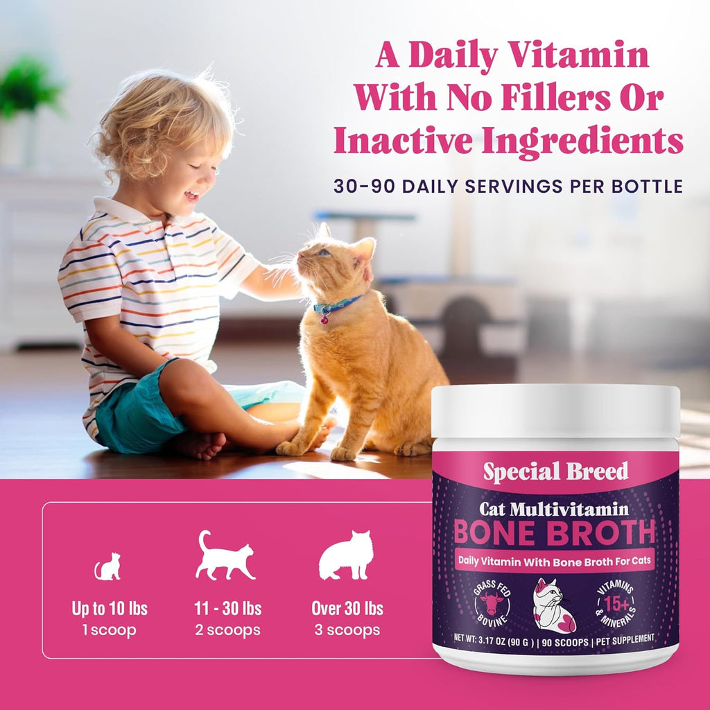 Cat Multivitamin with Grass-Fed Beef Bone Broth – Daily Supplement for Immune, Joint, Skin, Coat & Gut Health – Omega 3s, Lysine, Beta Glucan, Vitamins A-E, C, D – 90 Day Supply – No Fillers