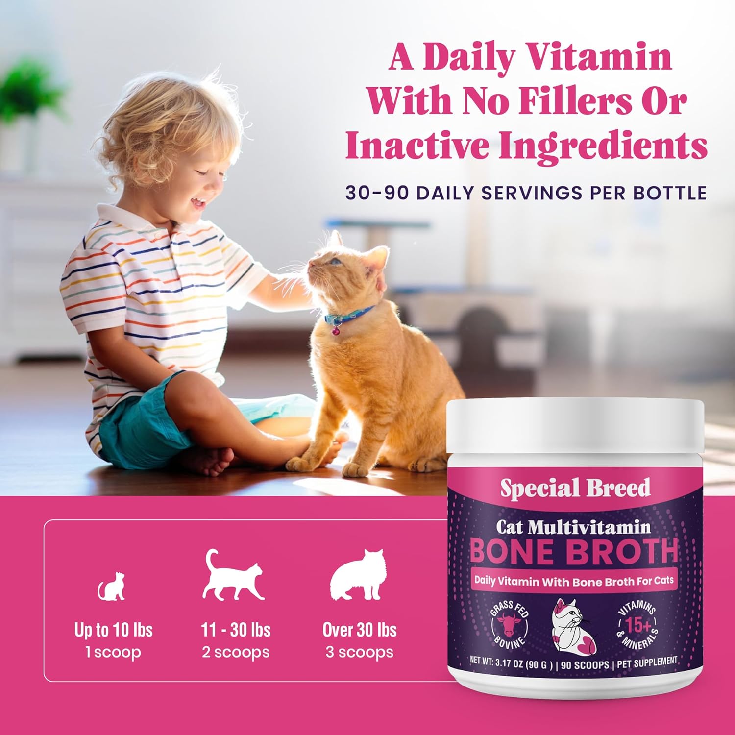 Cat Multivitamin with Grass-Fed Beef Bone Broth – Daily Supplement for Immune, Joint, Skin, Coat & Gut Health – Omega 3s, Lysine, Beta Glucan, Vitamins A-E, C, D – 90 Day Supply – No Fillers