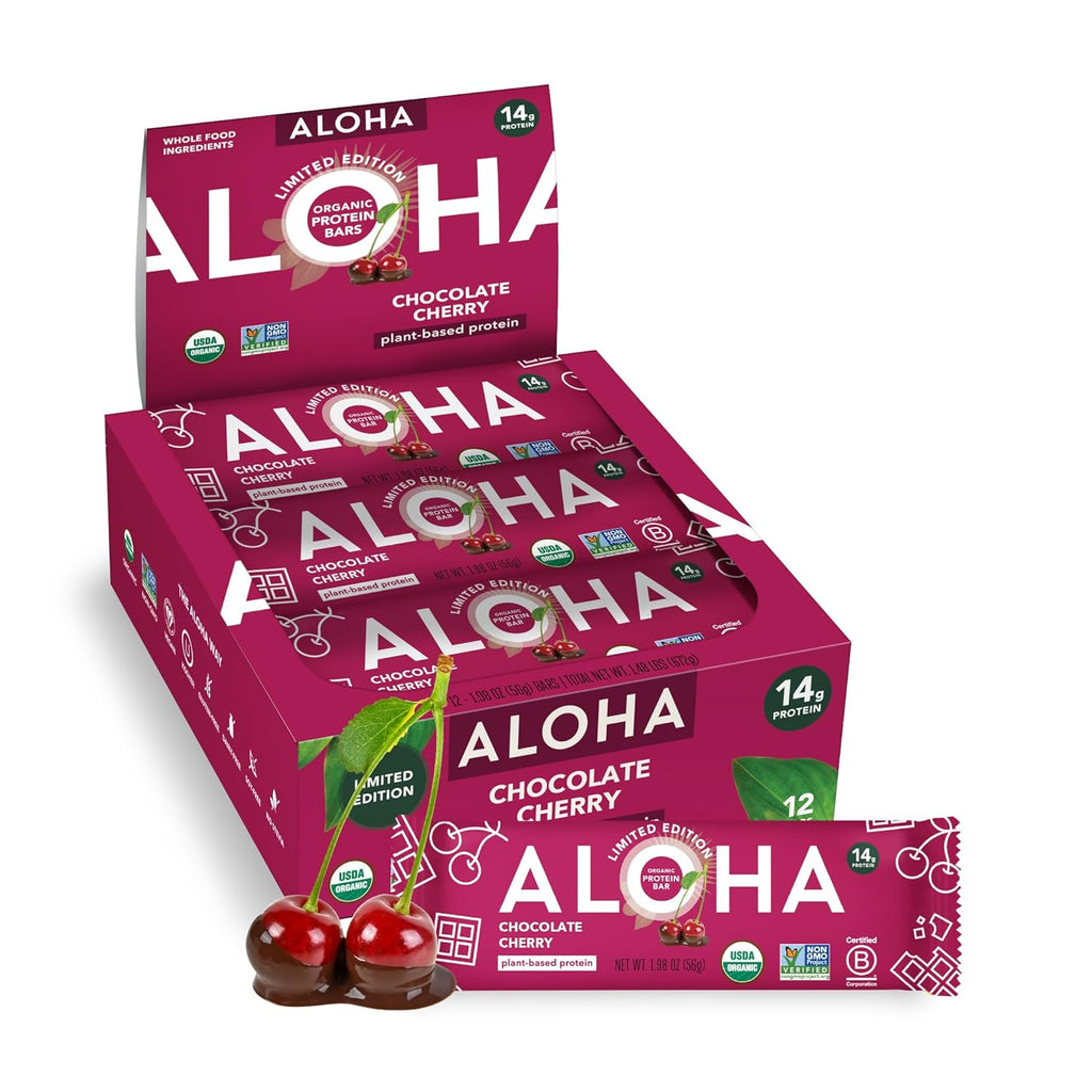 ALOHA Organic Plant Based Protein Bars - Chocolate Cherry - 12 Bars, Vegan, Low Sugar, Gluten-Free, Paleo, Low Carb, Non-GMO, No Stevia, No Erythritol