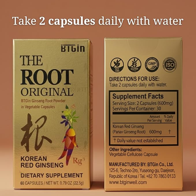 The Root Original Korean Red Panax Ginseng Supplement - 100% Whole Fine Root Powder with Natural Fiber & Minerals - Caffeine Free Stamina, Wellness & Immunity Support - 60 Capsules