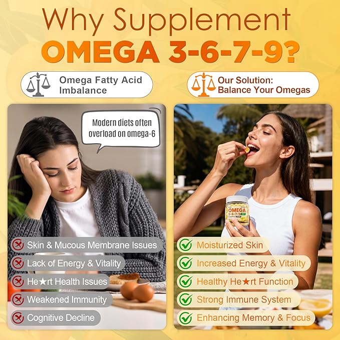 Omega 3-6-7-9 Gummies, Organic Sea Buckthorn Oil 1200MG & Flaxseed Oil 500MG, Vegan Omega 7 Supplement w/Vitamin A, C, E, Fatty Acids, No Fish Taste, Supports Skin, Eye, Immune, Brain Health, 60 Cts